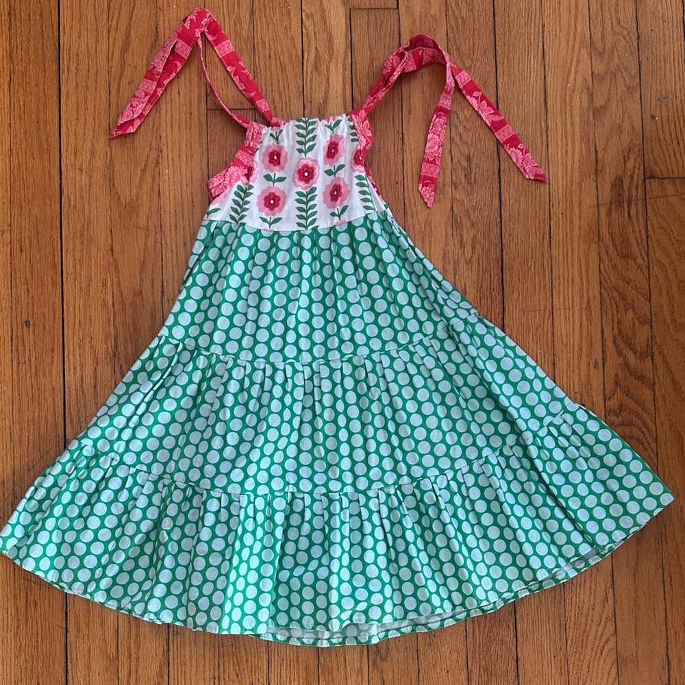 Girls Polka Dot Tiered Sundress with Floral Bodice - Pink & Green